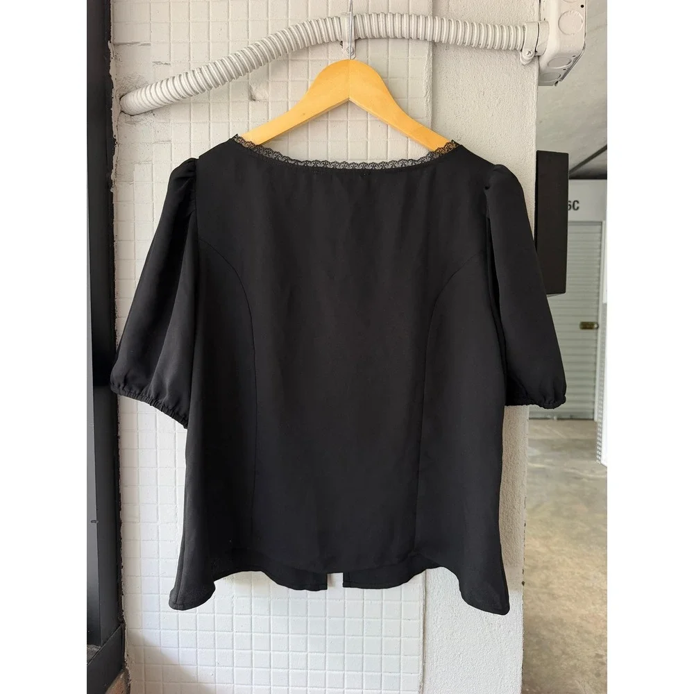 LOFT Black Lace-Trim Puff Sleeve Button Front Top